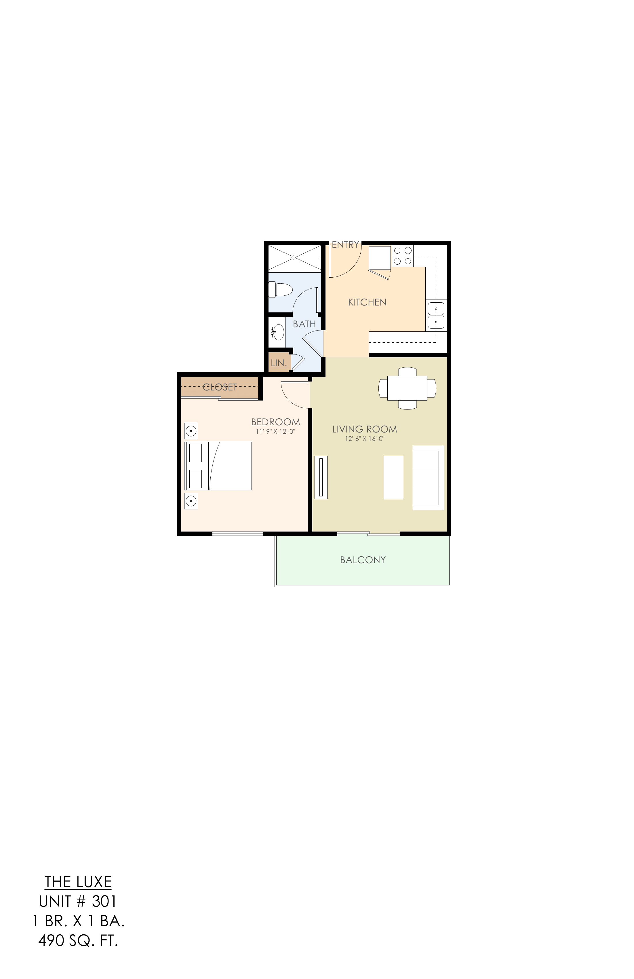 Floor plan for 1 bed, 1 bath, 500 sqft